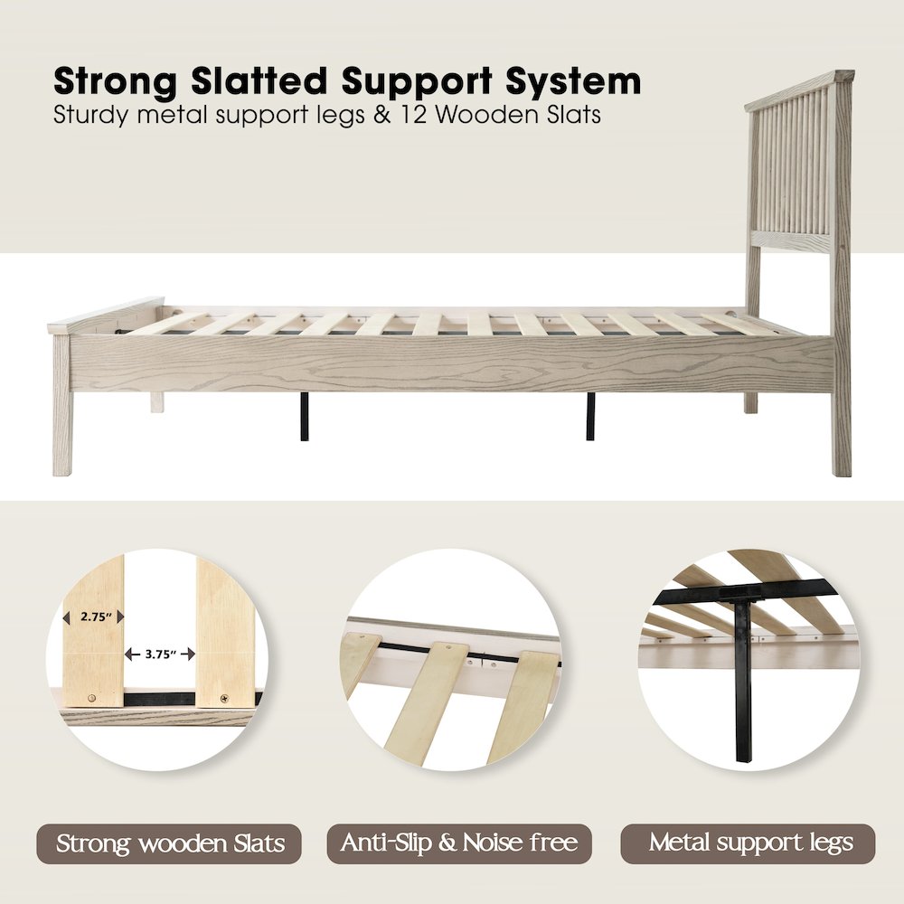 Full Wooden Platform Bed Frame, Driftwood Gray Oak Finish, Morden Style. Picture 3