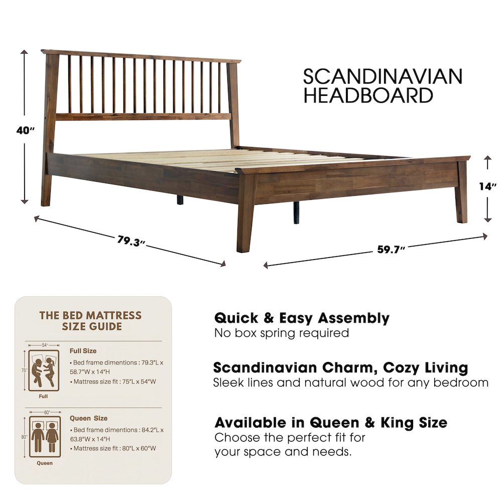 Full Wooden Platform Bed Frame, Walnut Finish, Morden Style. Picture 2