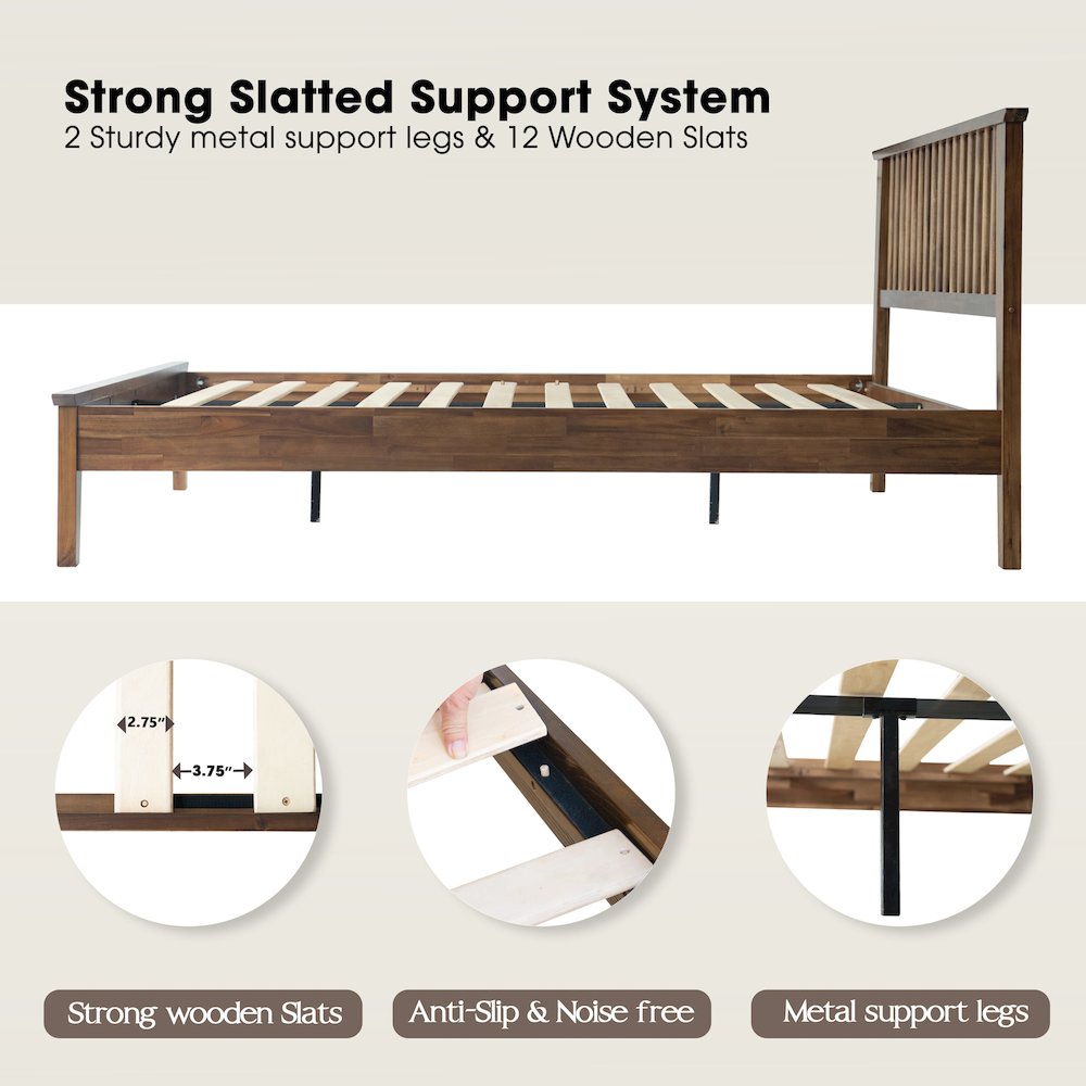 Full Wooden Platform Bed Frame, Walnut Finish, Morden Style. Picture 3