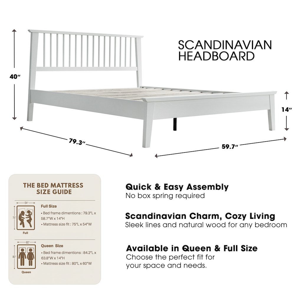 Full Wooden Platform Bed Frame, Pure White Finish, Morden Style. Picture 2