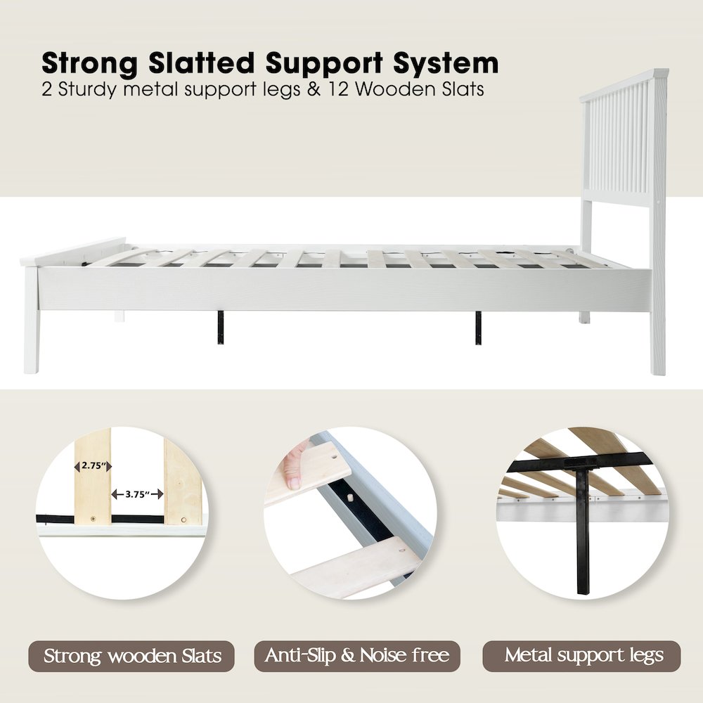 Full Wooden Platform Bed Frame, Pure White Finish, Morden Style. Picture 3