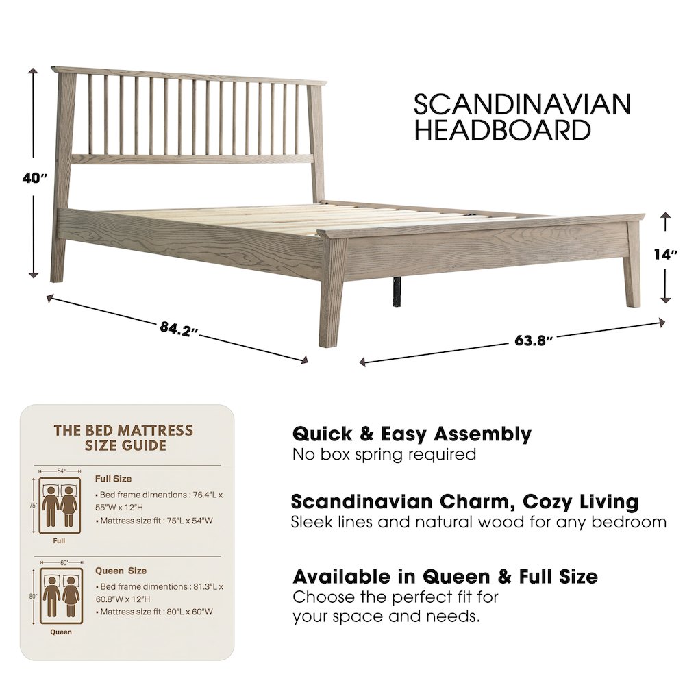 Queen Wooden Platform Bed Frame, Driftwood Gray Oak Finish, Morden Style. Picture 2