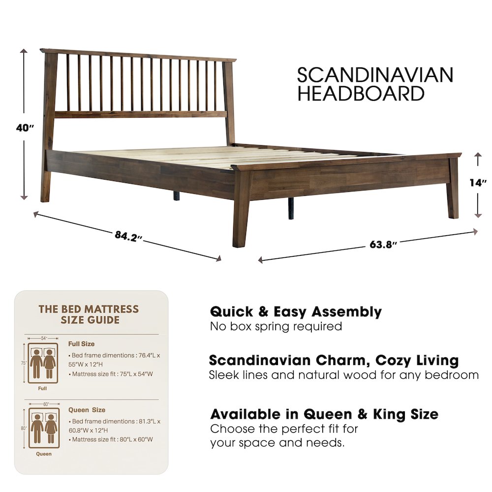Queen Wooden Platform Bed Frame, Walnut Finish, Morden Style. Picture 2