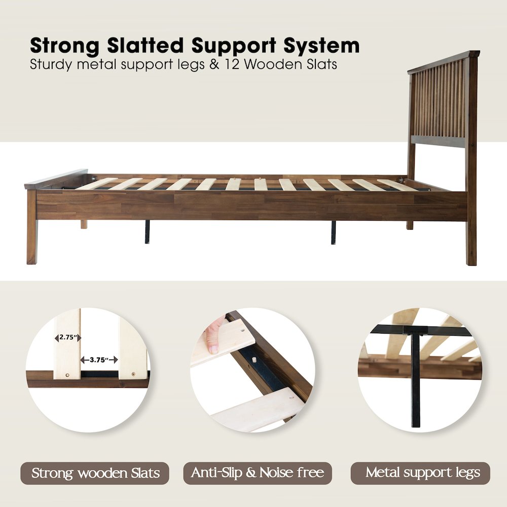 Queen Wooden Platform Bed Frame, Walnut Finish, Morden Style. Picture 3