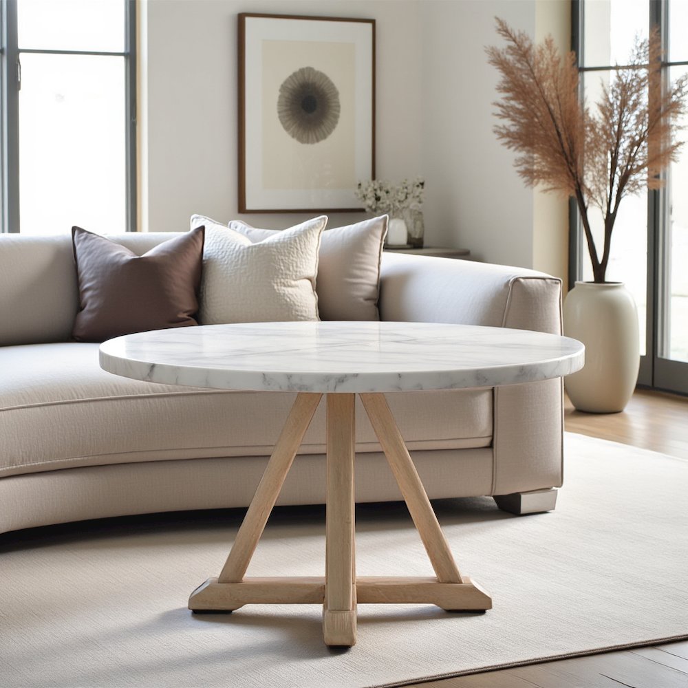 White Marble and Natural Wood Round Dining Table for Kitchen or Dining Room. Picture 8