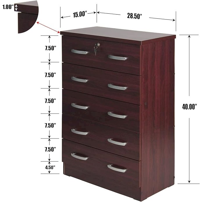 Better Home Products Cindy 5 Drawer Chest Wooden Dresser with Lock in Mahogany. Picture 4