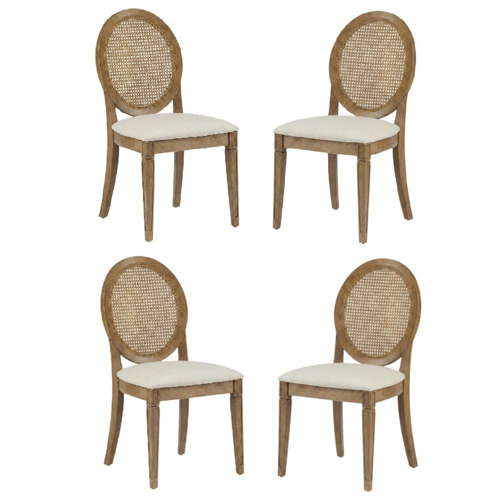 Cane-Back Dining Chair Set with Creme Accents, Upholstered Seats, 4 Pieces. Picture 1