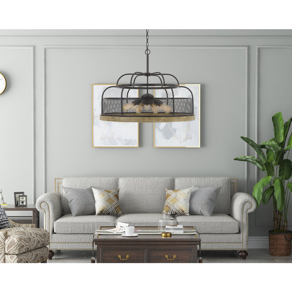 Akaki 60W X 9 Metal/Pine Wood Chandelier  (Edison Bulbs Not Included). Picture 2
