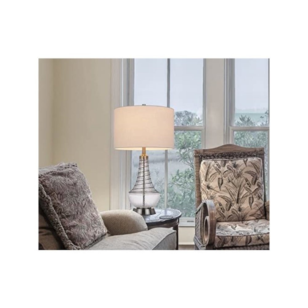 150W 3 Way Baraboo Glass Table Lamp With Wire Guard Design And Drum Fabric Shade. Picture 4