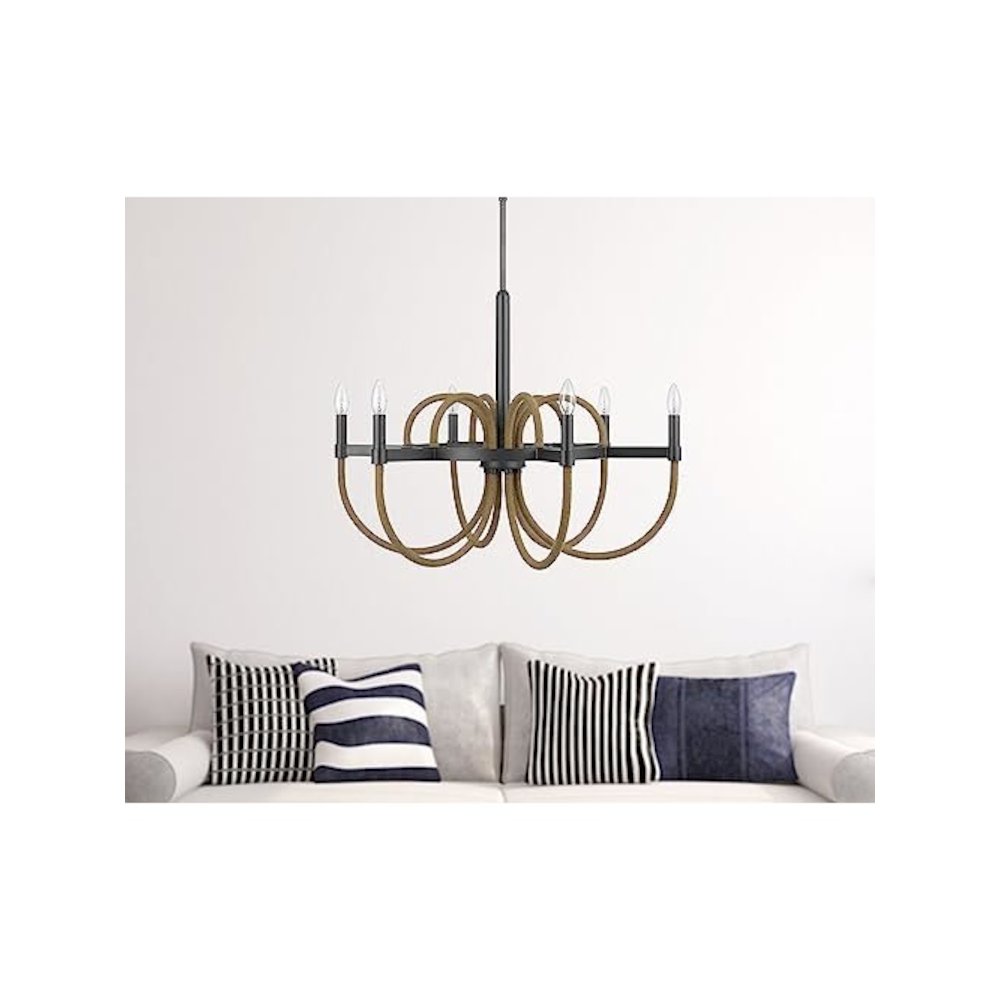 Rowland 60W X 6 Metal/Burlap Roped Chandelier. Picture 4