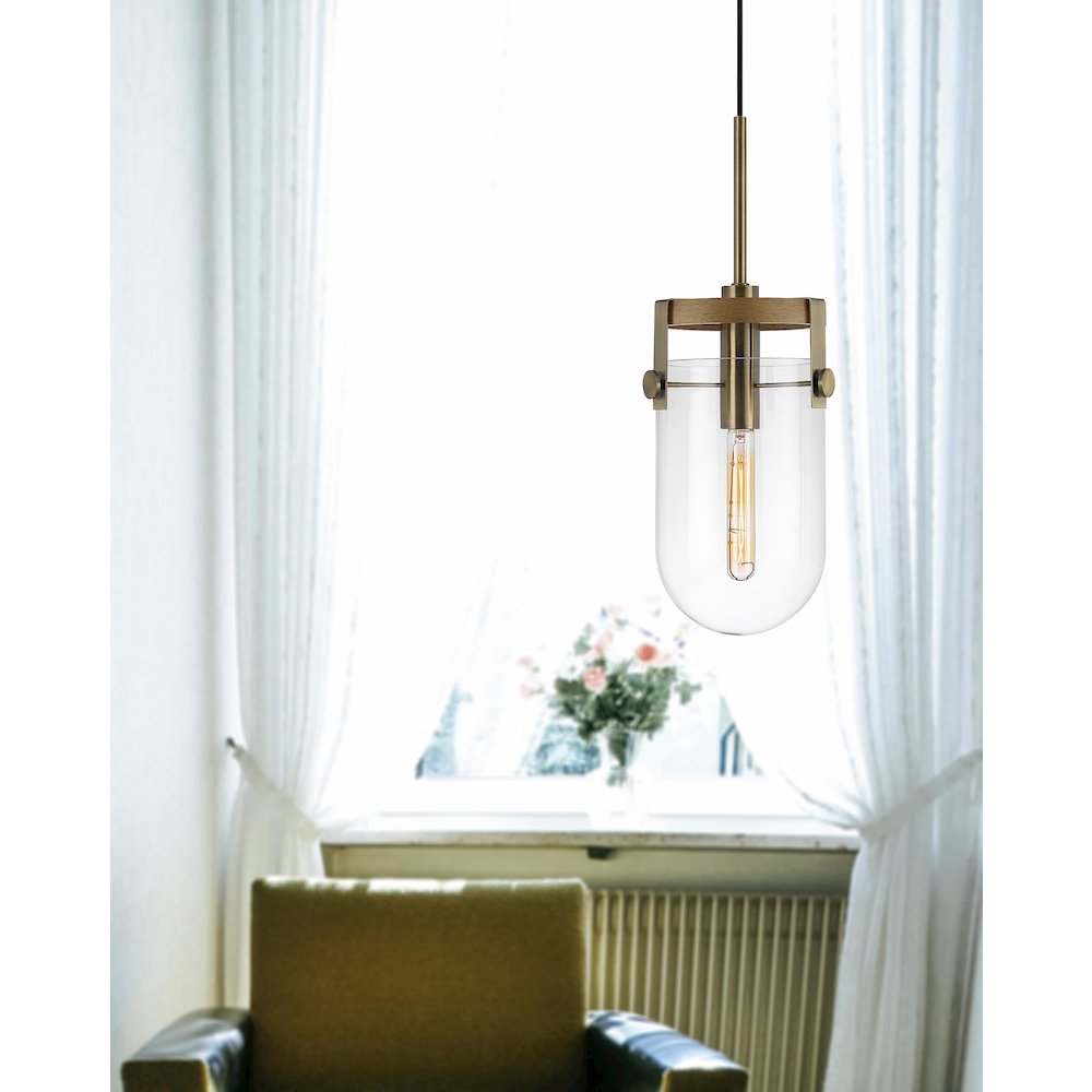 Stovall 60W Metal/Glass/Birch Wood Pendant Light. Picture 4