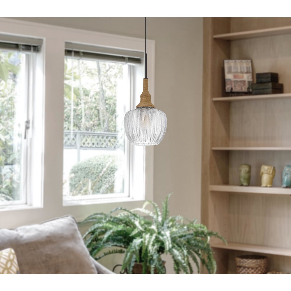 Monroe 60W Glass Pendant Light With Burlap Roped Font. Picture 5