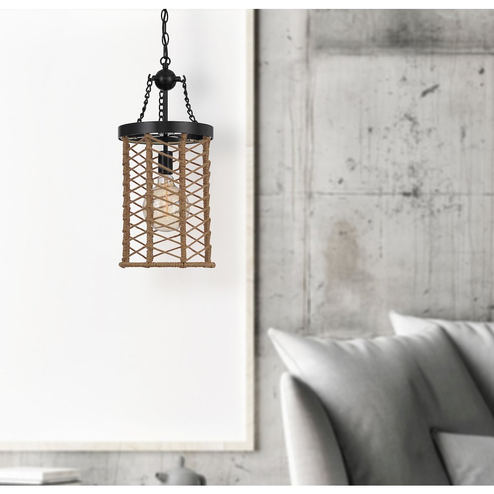 Lillington 60W Metal Pendant Light With Burlap Roped Cage. Picture 4
