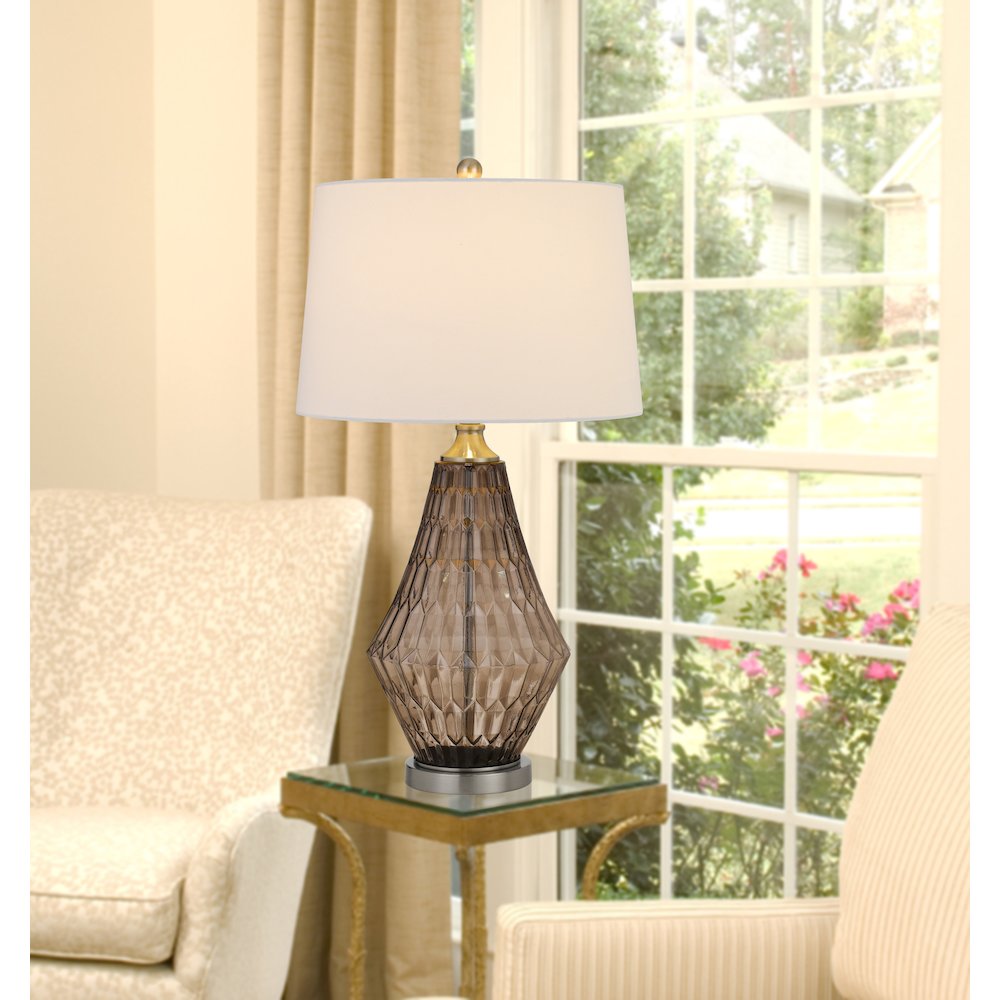 150W 3 way Conover glass table lamp with hardbadk taper drum fabric shade. Picture 3