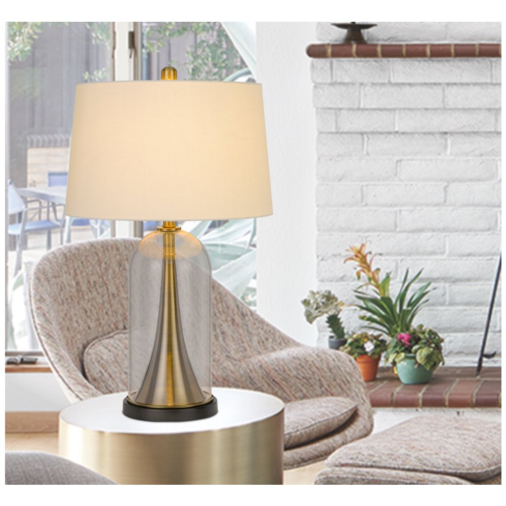 150W 3 Way Camargo Glass/Metal Table Lamp With Hardback Taper Drum Fabric Shade. Picture 2