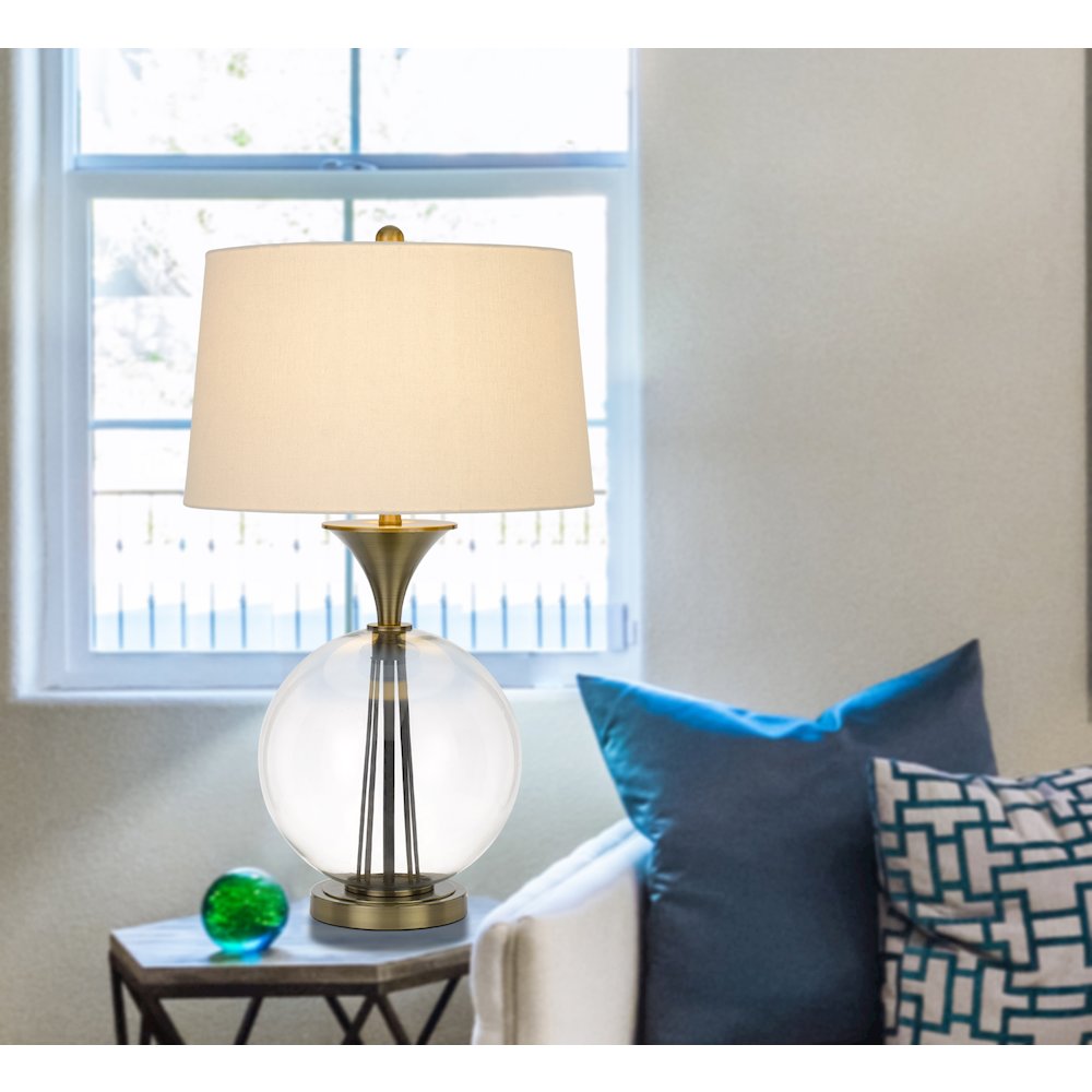 150W 3 Way Moxee Glass/Metal Table Lamp With Hardback Taper Drum Fabric Shade. Picture 3