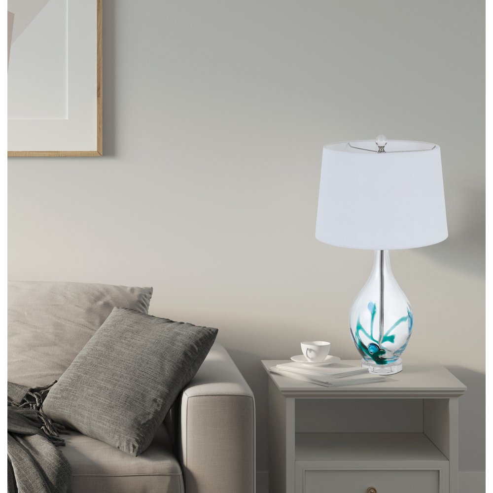 150W 3 Way Harlan Glass Table Lamp With Hardback Taper Drum Fabric Shade. Picture 2