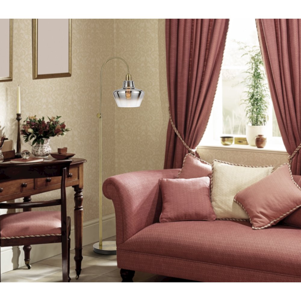 40W Duxbury Metal Arc Floor Lamp With Electoral Plated Smoked Glass Shade. Picture 3