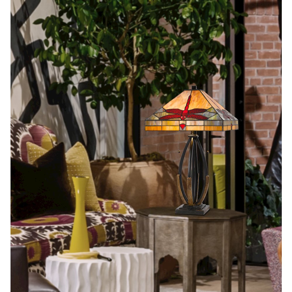 60W X 2 Tiffany Table Lamp With Pull Chain Switch And Metal And Resin Lamp Body. Picture 3