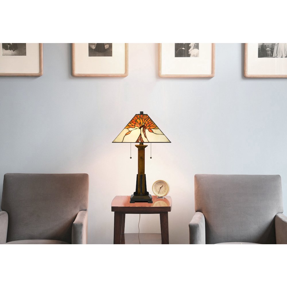 60W X 2 Tiffany Table Lamp With Pull Chain Switch With Resin Lamp Body. Picture 3
