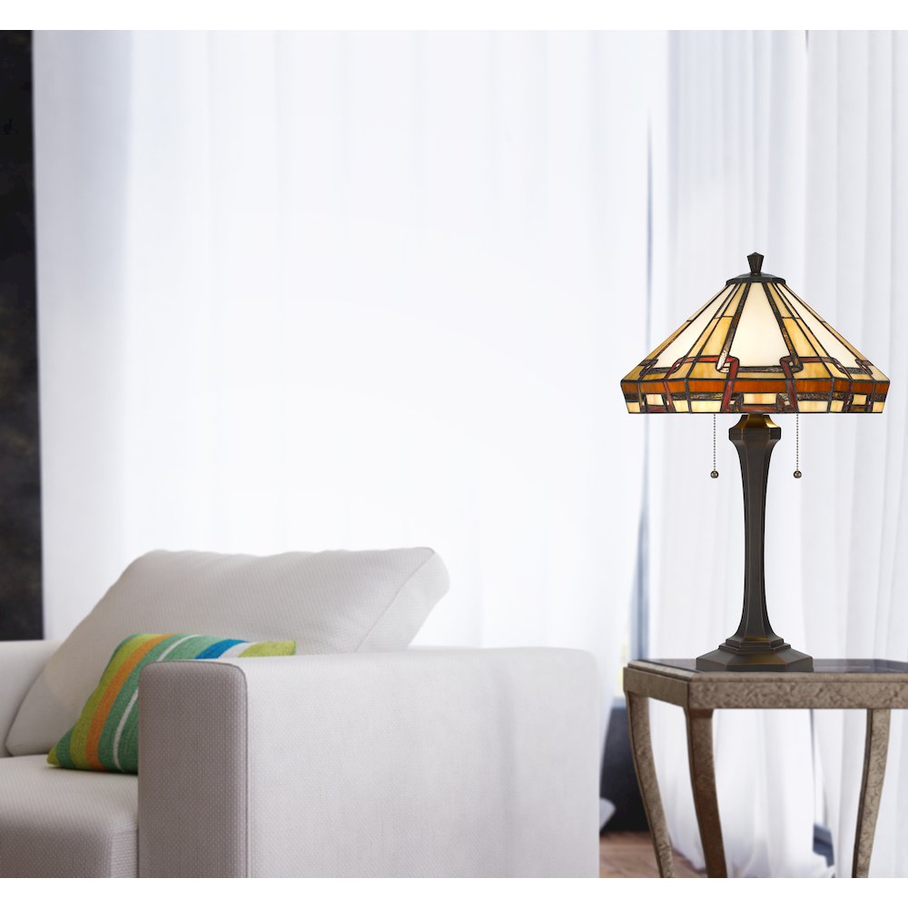 60W X 2 Tiffany Table Lamp With Pull Chain Switch With Resin Lamp Body. Picture 2