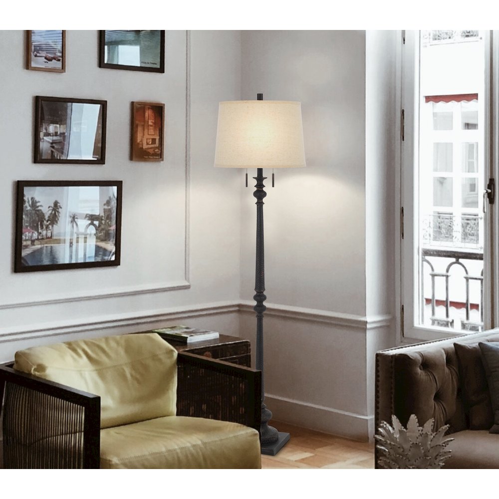 60W x 2 Torrington resin floor lamp with pull chain switch and hardback linen shade. Picture 2