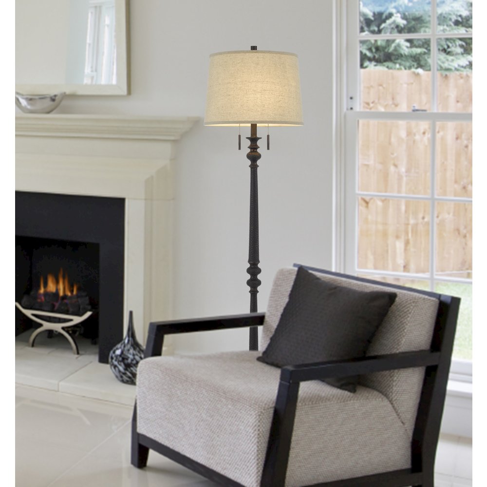 60W x 2 Torrington resin floor lamp with pull chain switch and hardback linen shade. Picture 3