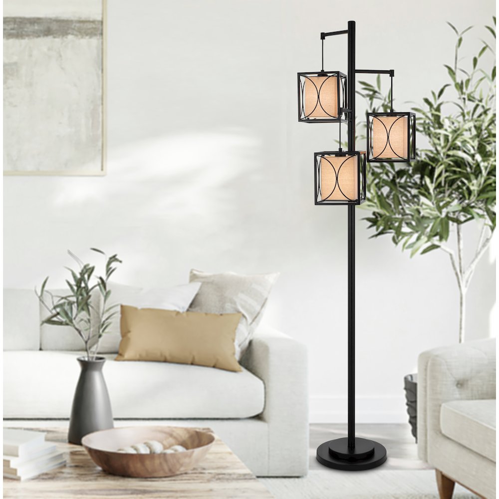 60W x 3 Lantern metal floor lamp with metal framed fabric shades. Picture 3