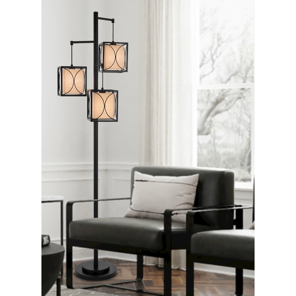 60W x 3 Lantern metal floor lamp with metal framed fabric shades. Picture 4