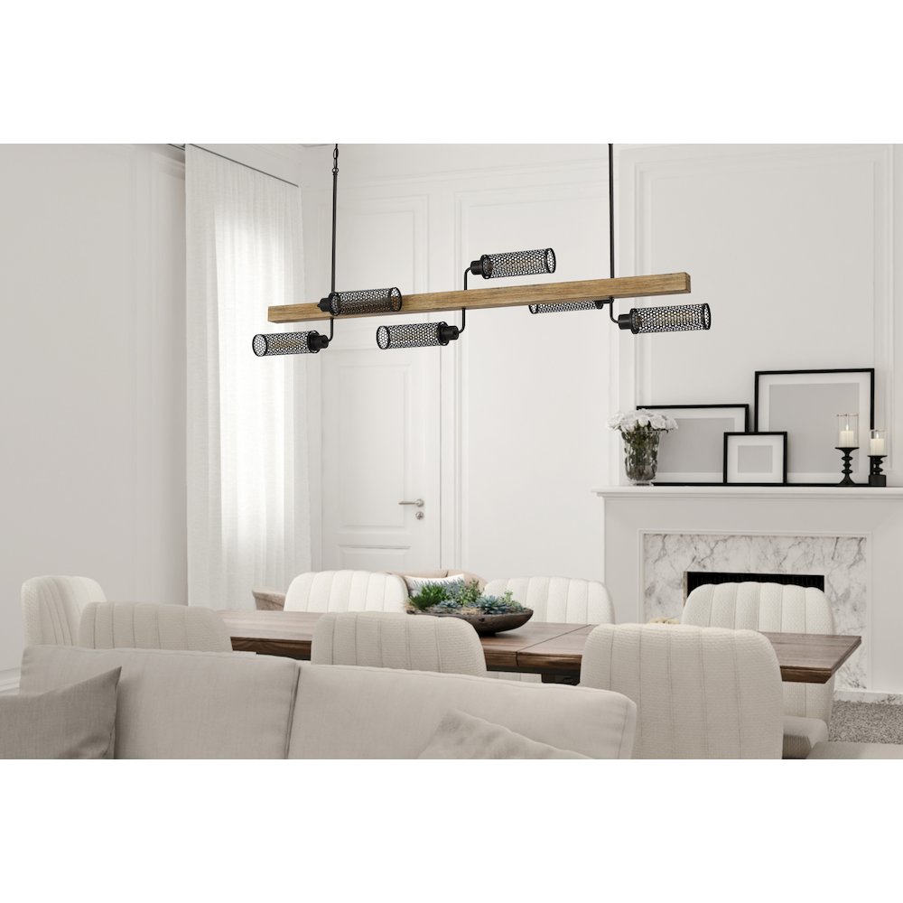 60W x 6 Lenox pine wood island chandelier with metal mesh shades. Picture 3