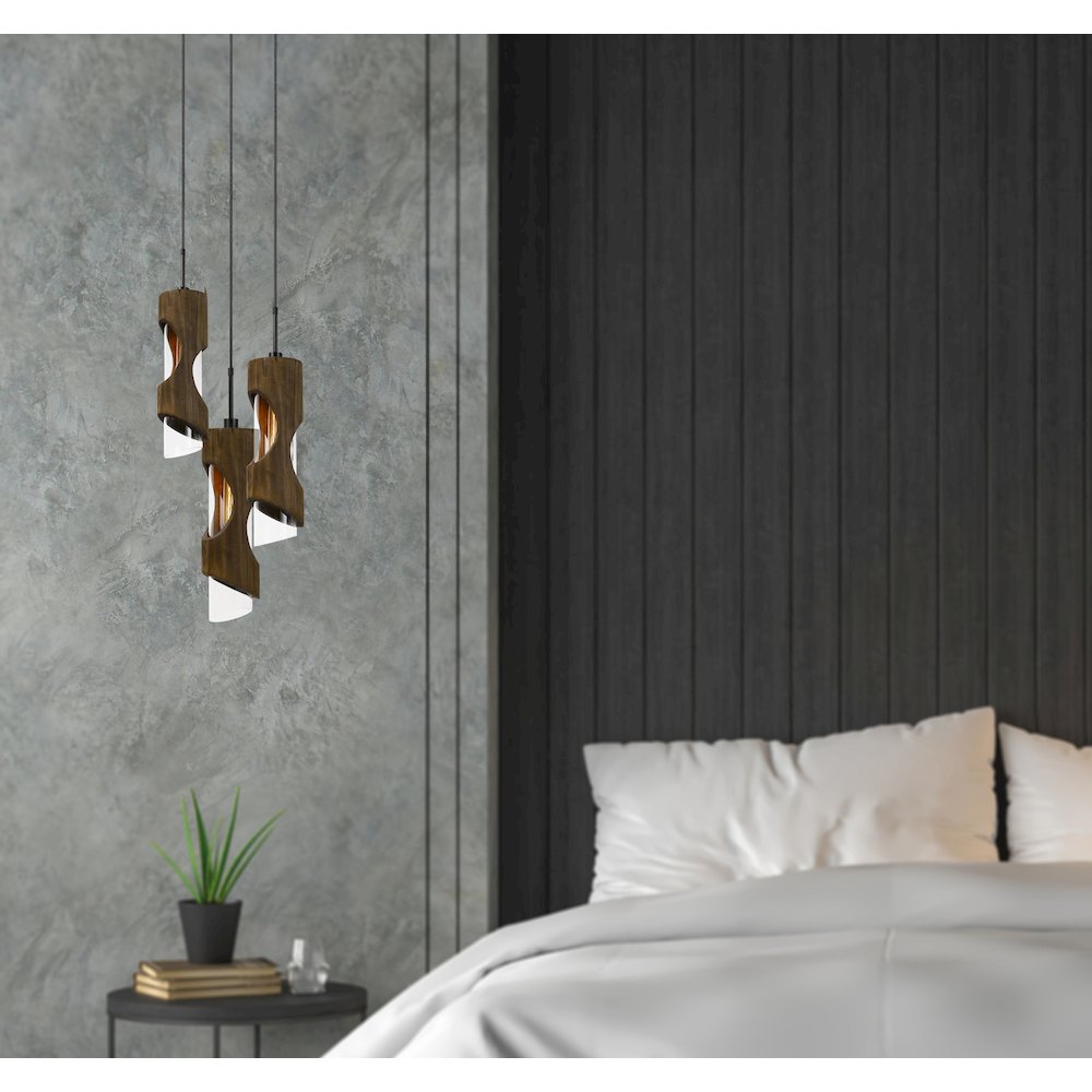 60W X 3 Zamora 3 Light Wood Pendant. Picture 2