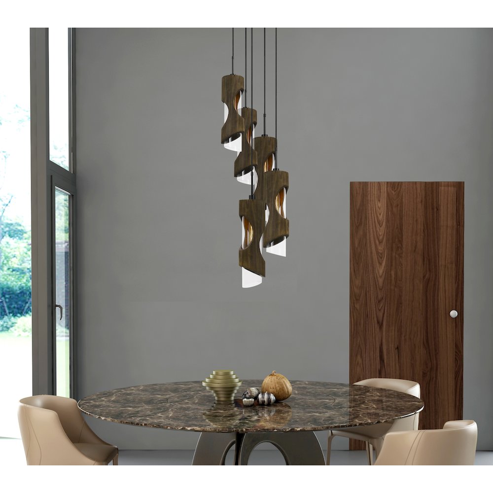 60W X 5 Zamora 5 Light Wood Pendant. Picture 5