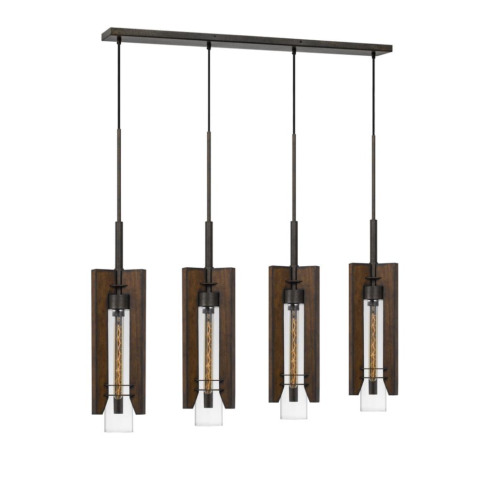 60W X 3 Almeria Wood/Glass 4 Light Pendant Fixture (Edison Bulbs Not Included). Picture 1