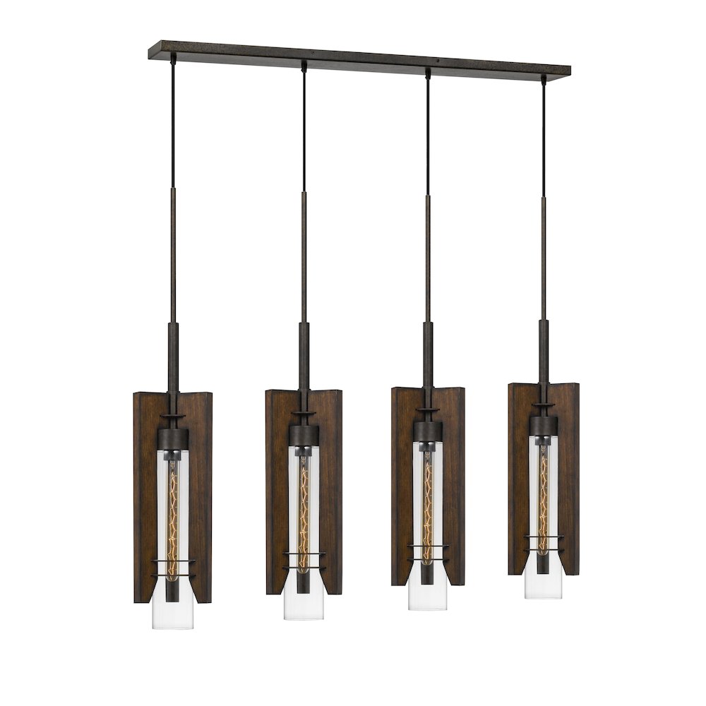 60W X 3 Almeria Wood/Glass 4 Light Pendant Fixture (Edison Bulbs Not Included). Picture 1