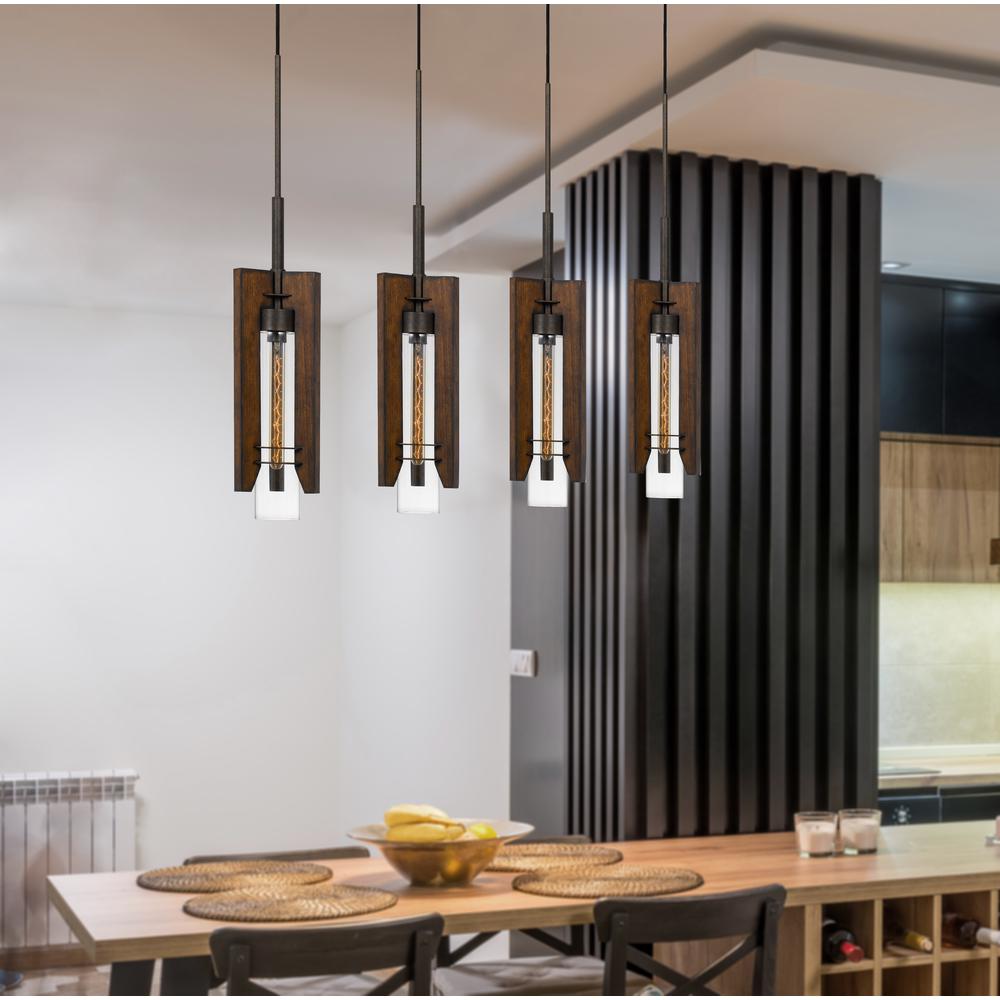 60W X 3 Almeria Wood/Glass 4 Light Pendant Fixture (Edison Bulbs Not Included). Picture 2