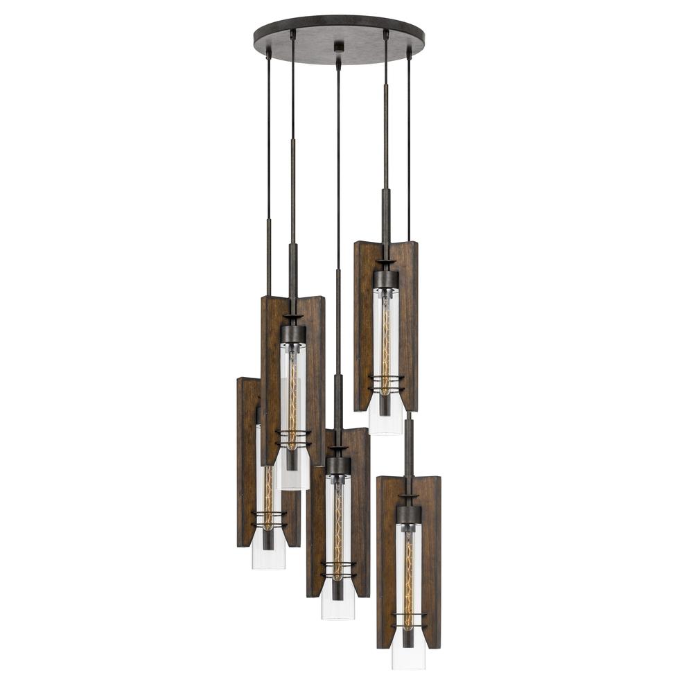60W X 3 Almeria Wood/Glass 4 Light Pendant Fixture (Edison Bulbs Not Included). Picture 1