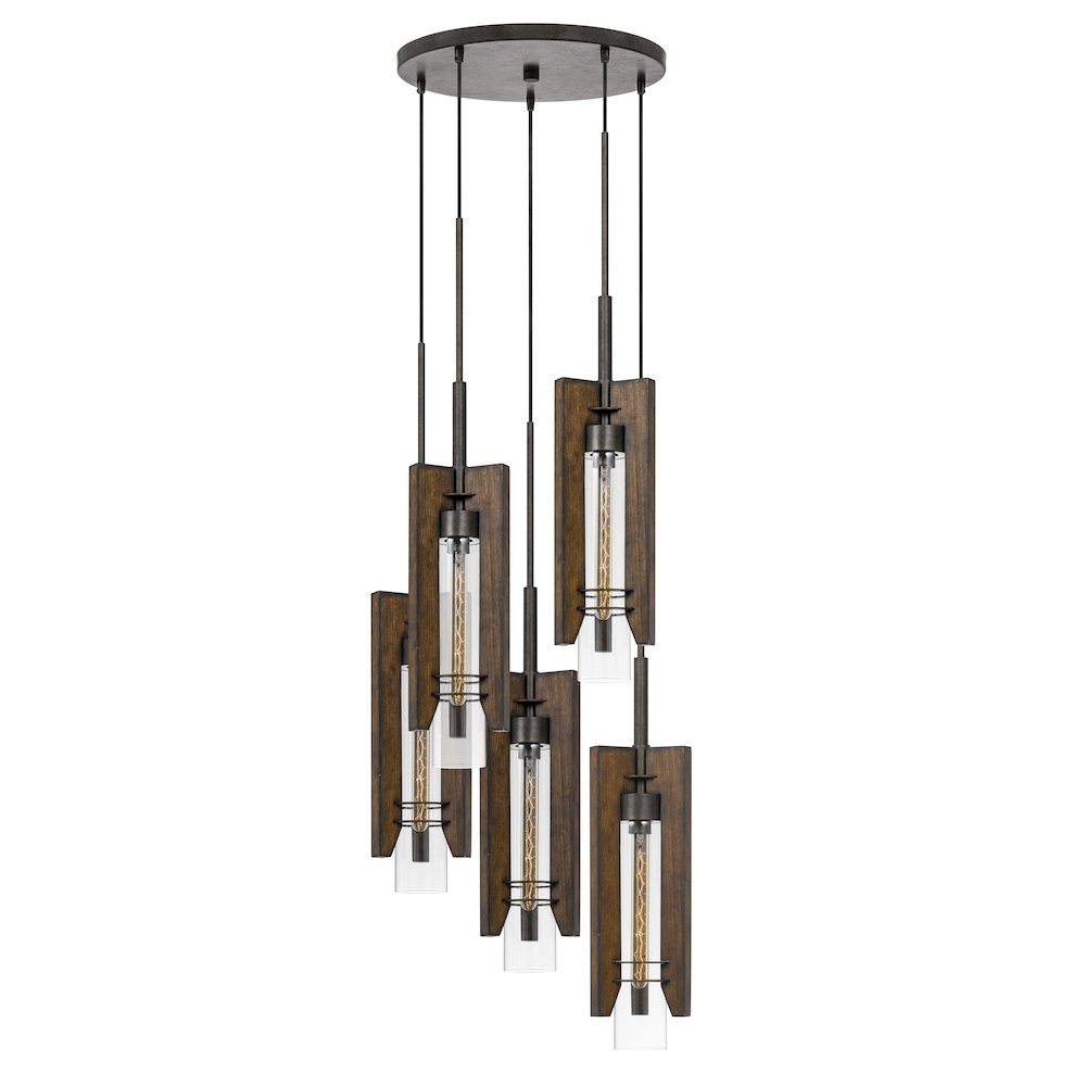 60W X 3 Almeria Wood/Glass 4 Light Pendant Fixture (Edison Bulbs Not Included). Picture 1