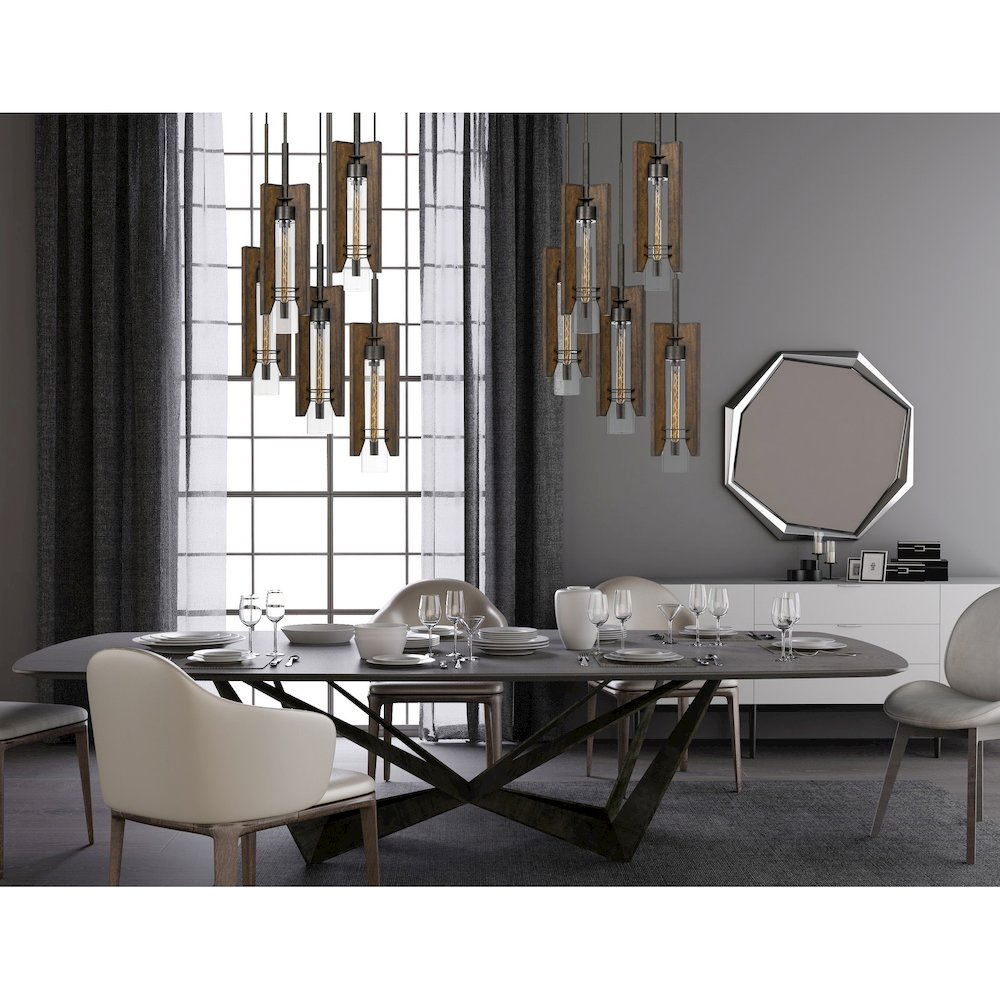 60W X 3 Almeria Wood/Glass 4 Light Pendant Fixture (Edison Bulbs Not Included). Picture 3