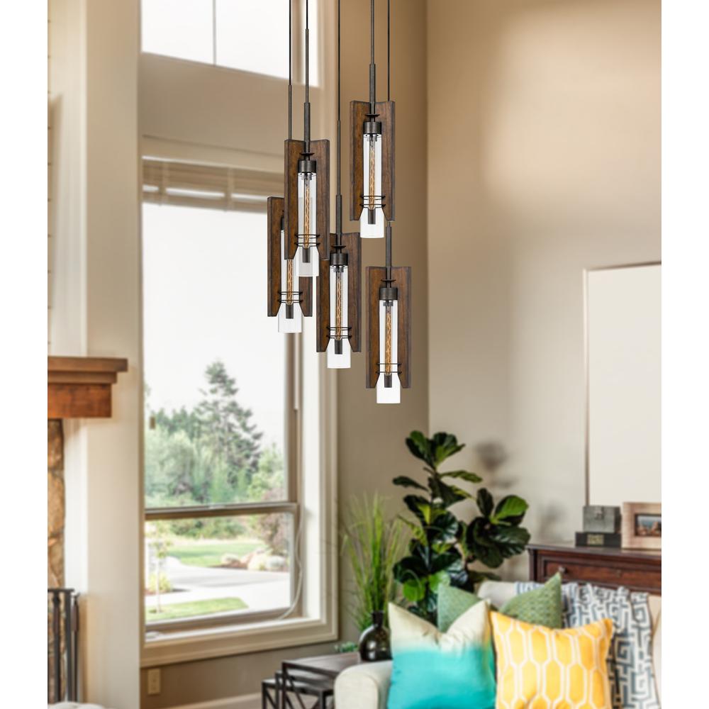 60W X 3 Almeria Wood/Glass 4 Light Pendant Fixture (Edison Bulbs Not Included). Picture 2