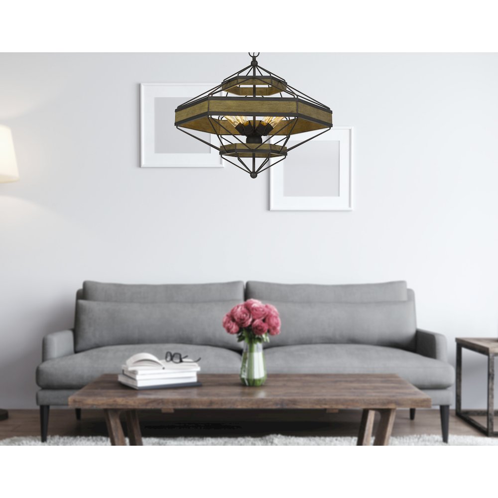 Alicante 60W X 6 Pine Wood/Metal Chandelier  (Edison Bulbs Not Included). Picture 2