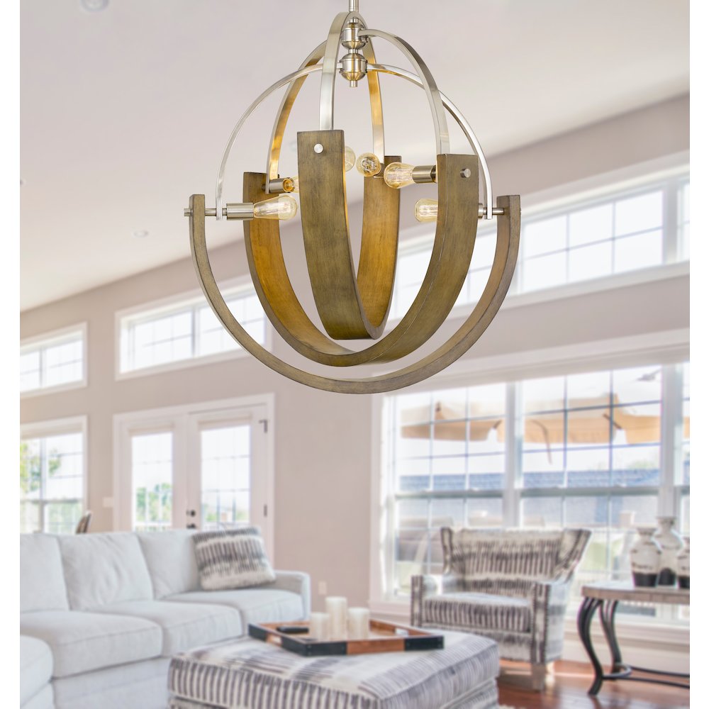 60W X 6 Rauma Metal/Wood Chandelier (Edison Bulbs Are Not Included). Picture 2