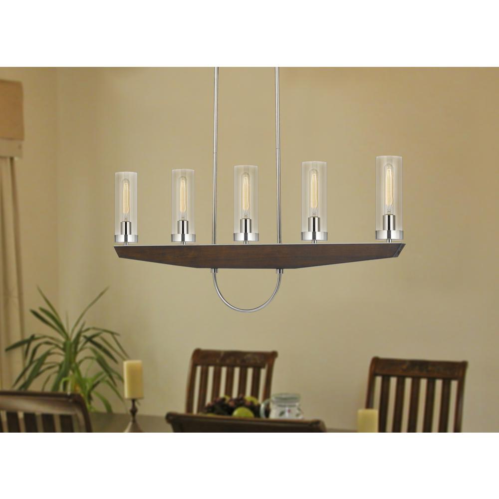 60W x 5 Ercolano pine wood/metal island chandelier with clear glass shade. Picture 2