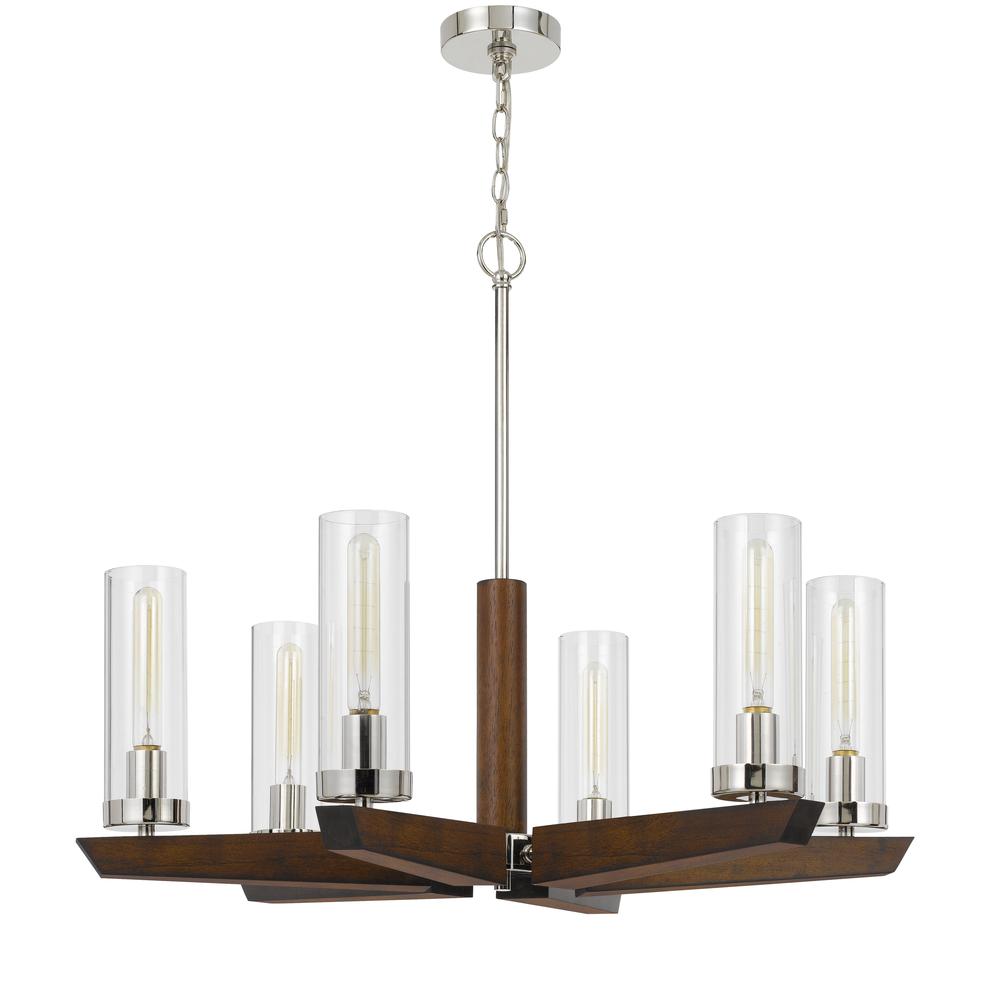 60W x 6 Ercolano pine wood/metal chandelier with clear glass shade. Picture 1