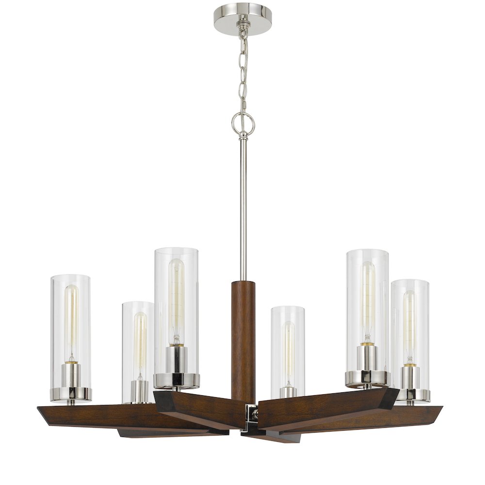 60W x 6 Ercolano pine wood/metal chandelier with clear glass shade. Picture 1