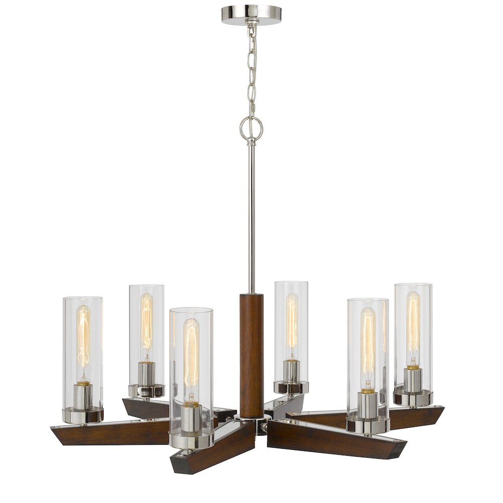 60W x 6 Ercolano pine wood/metal chandelier with clear glass shade. Picture 3