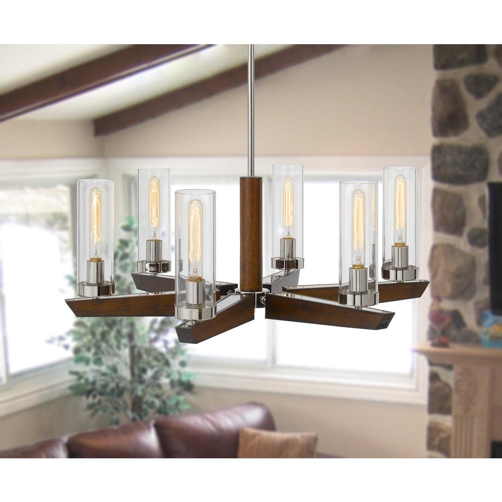 60W x 6 Ercolano pine wood/metal chandelier with clear glass shade. Picture 2