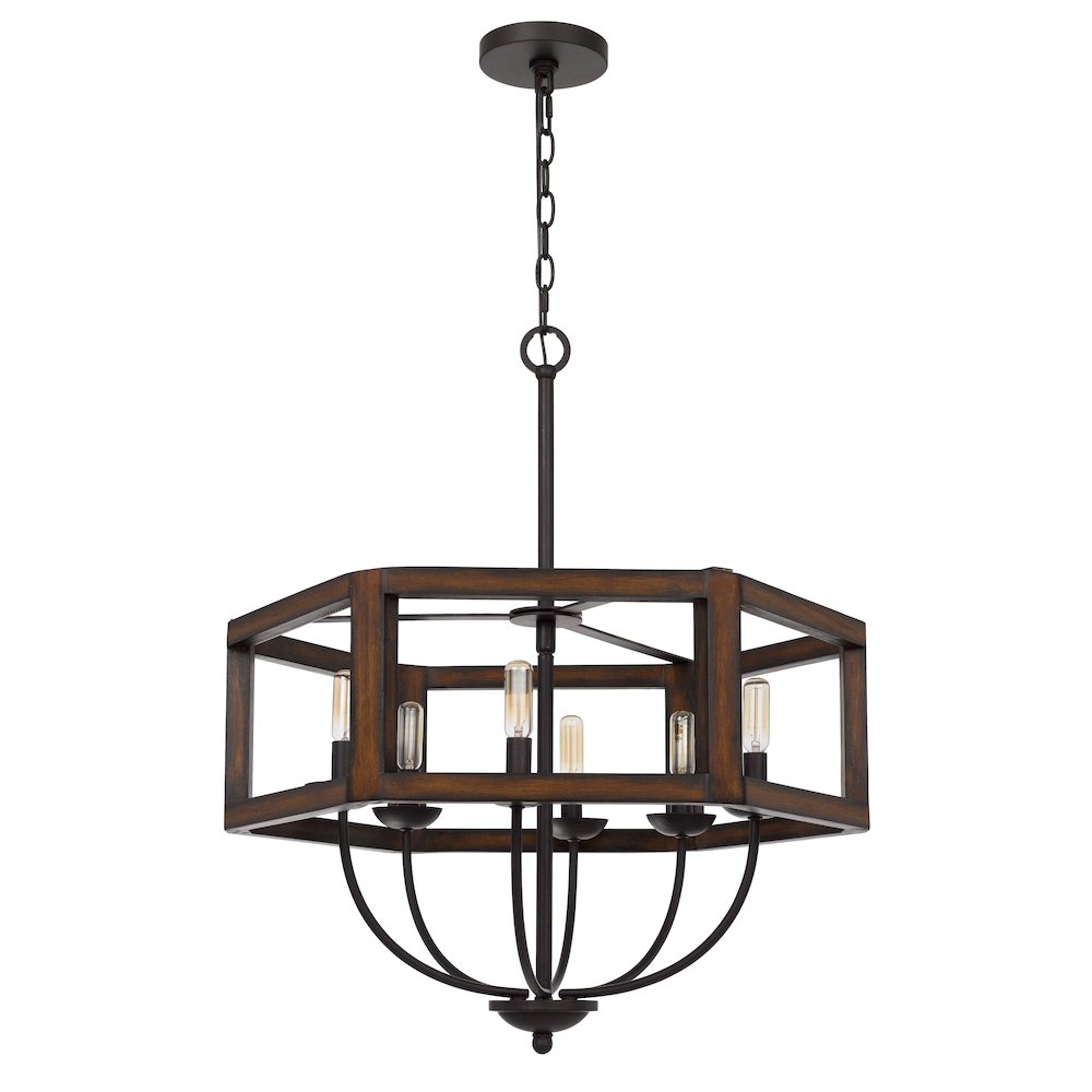 60W X 6 Renton Hexagon Rubber Wood / Metal Chandelier. Picture 1