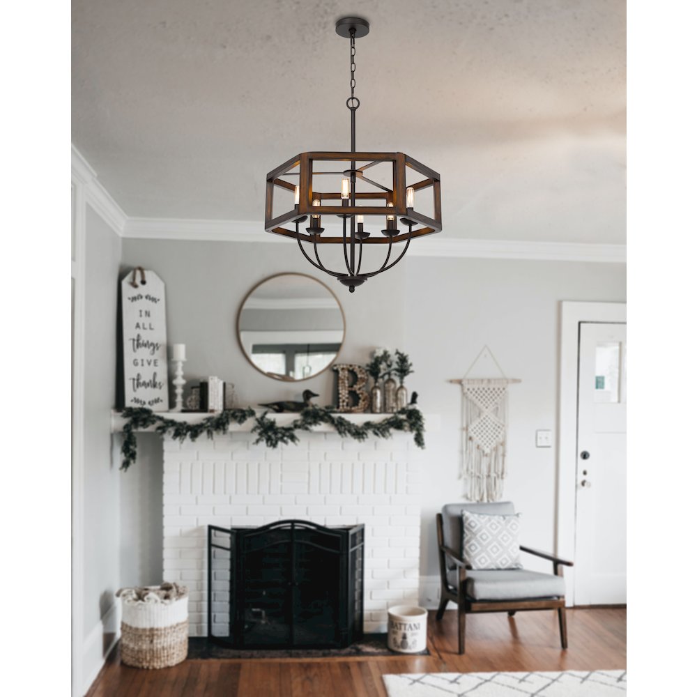 60W X 6 Renton Hexagon Rubber Wood / Metal Chandelier. Picture 2