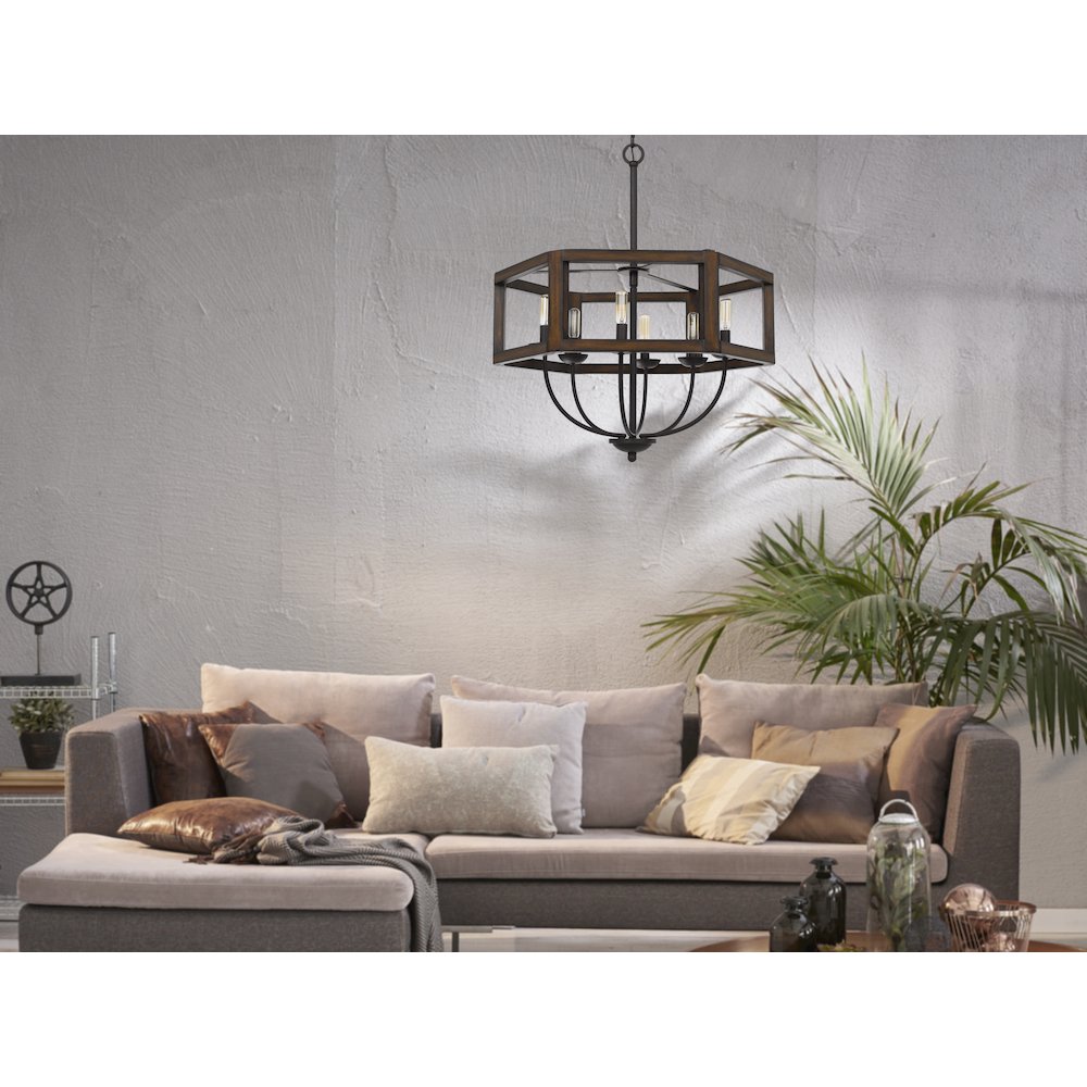 60W X 6 Renton Hexagon Rubber Wood / Metal Chandelier. Picture 3