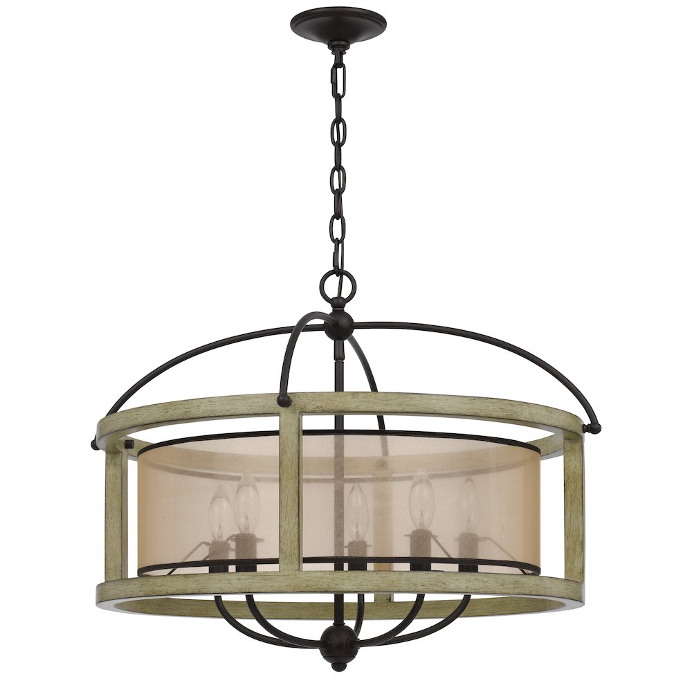 Palencia Rubber Wood Round Chandelier With Organza Shade. Picture 1
